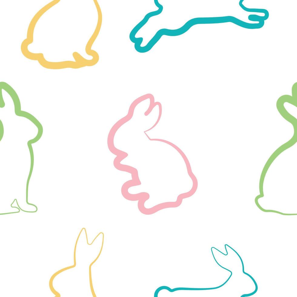 seamless pattern with a set of rabbits in various poses drawn in different colors in line art style, for logos and holiday designs vector