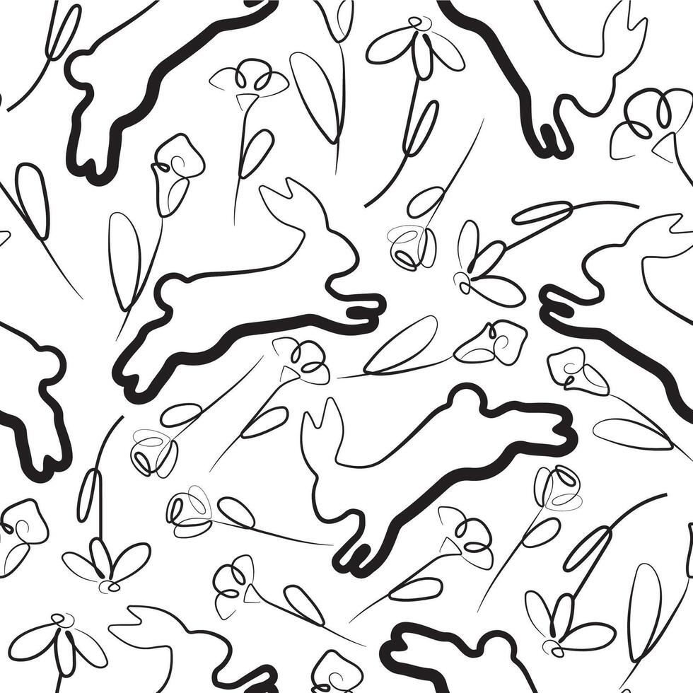 seamless pattern with simple icons of a rabbit in the moment of a jump with flower buds in line art style arranged in a house style, for logos or various holiday designs vector