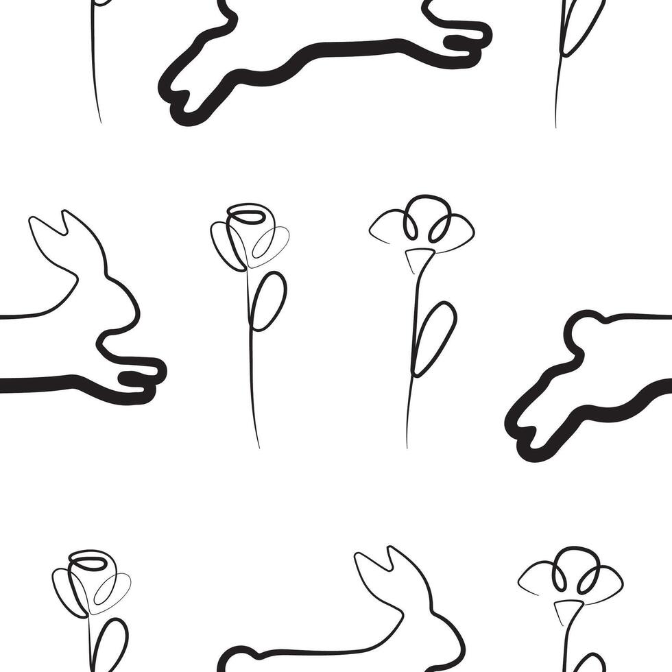 seamless pattern with simple icons of rabbit in the moment of jumping with flower buds in line art style, for logos or various holiday designs vector