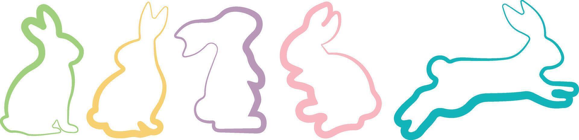 set of rabbits in various poses and various colors in line art style, for logos and holiday designs vector
