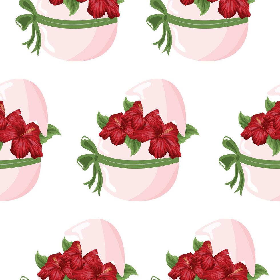 easter seamless pattern with pink easter egg and red mallows with green ribbon, for poster, banner or packaging vector