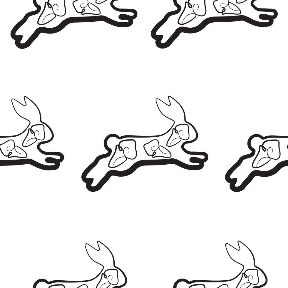 seamless pattern with simple icons of a rabbit in the moment of jumping with buds of calla lilies in line art style, for logos or various holiday designs vector