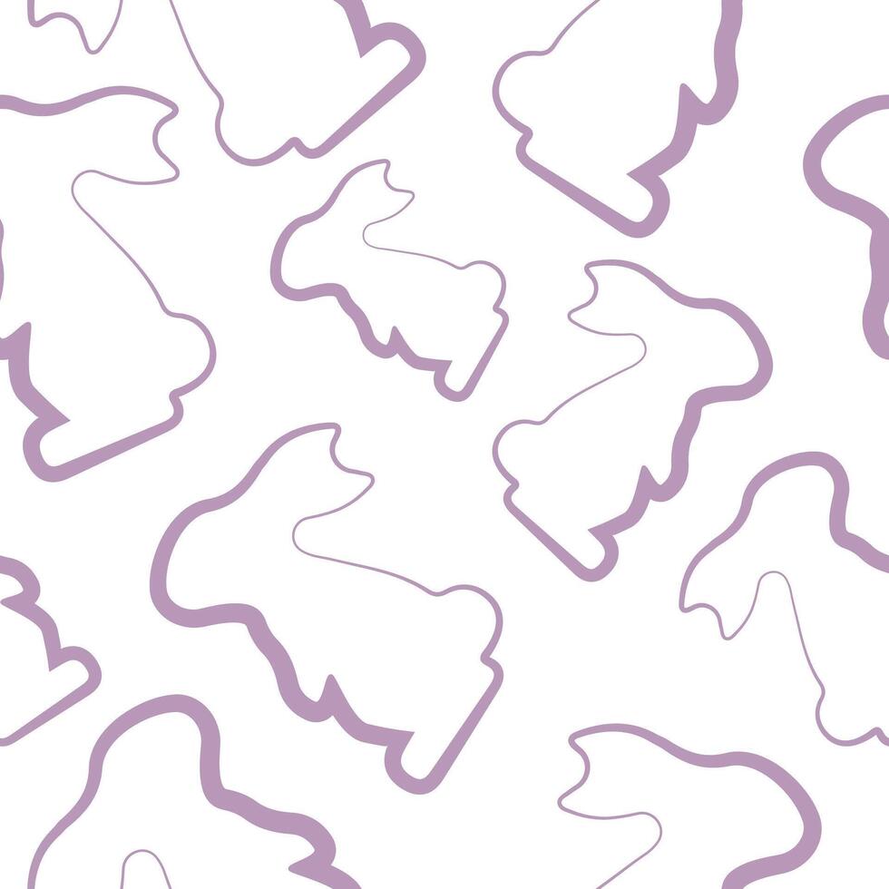 seamless pattern with simple icons of a rabbit sitting on its hind legs in purple color in line art style arranged randomly, for logos or various holiday designs vector