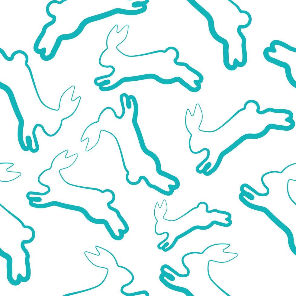 seamless pattern with simple icons of a rabbit in the moment of a jump in blue color in line art style arranged in a house style, for logos or various holiday designs vector
