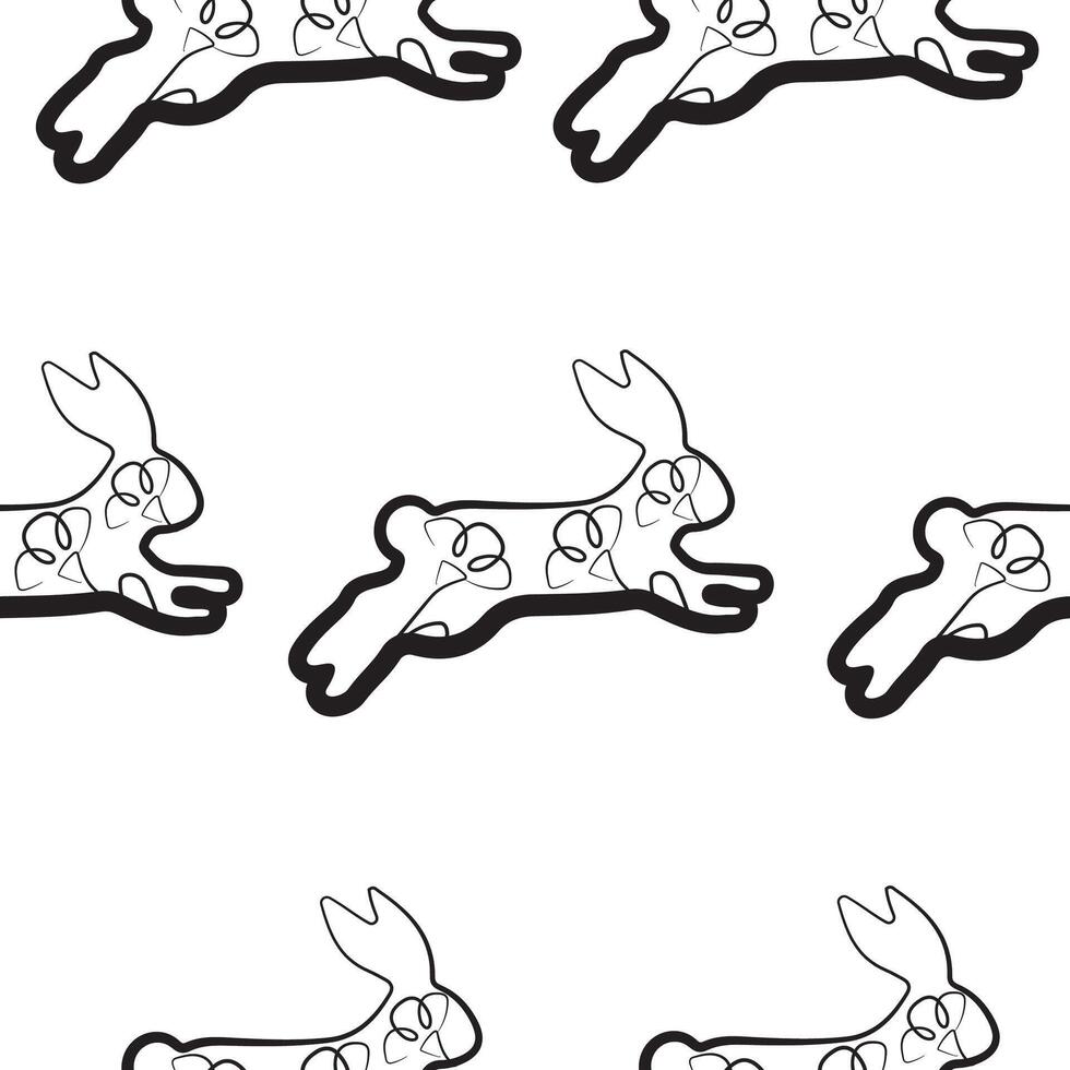 seamless pattern with simple icons of a rabbit in the moment of jumping with flower buds in line art style, for logos or various holiday designs vector