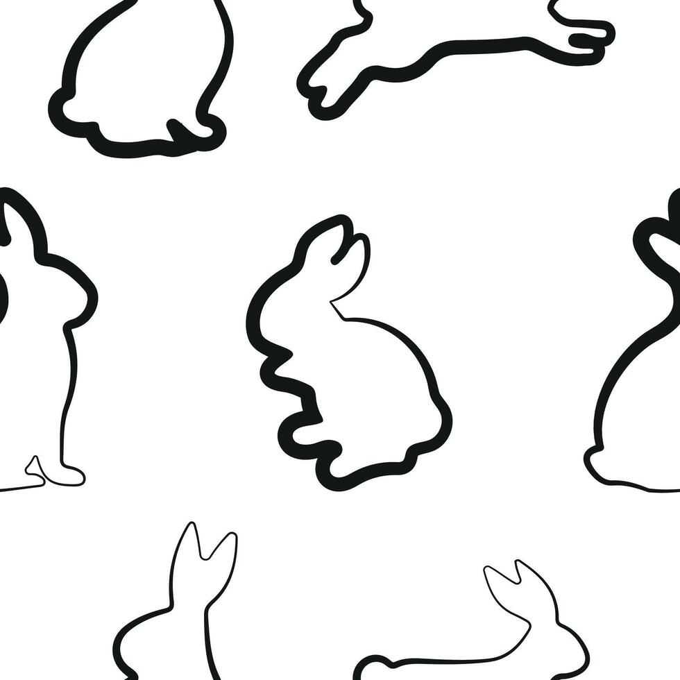 seamless pattern with set of rabbits in various poses drawn with black outline in line art style, for logos and holiday designs vector