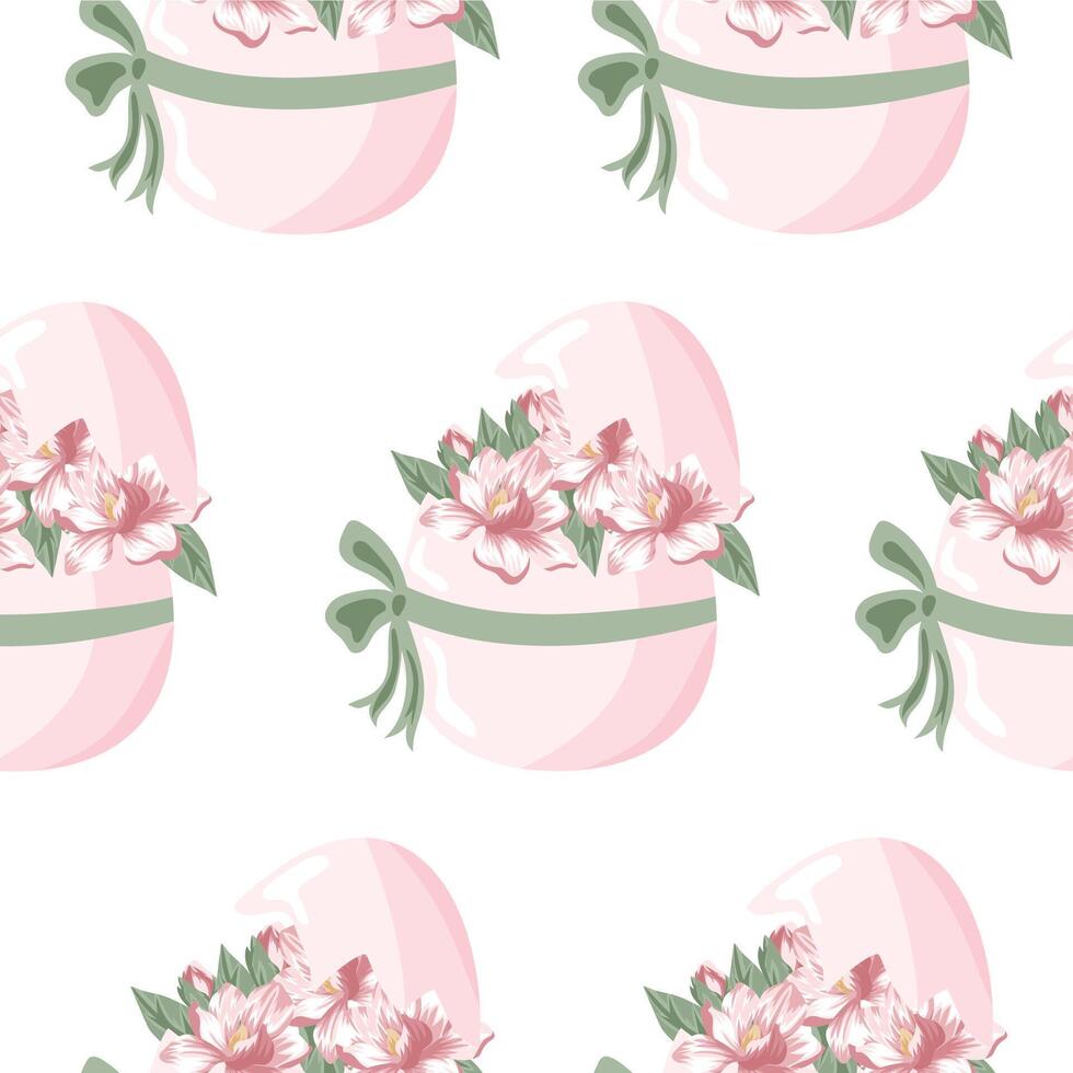 Easter seamless pattern with pink Easter egg and pink magnolias with green ribbon, for poster, banner or packaging vector