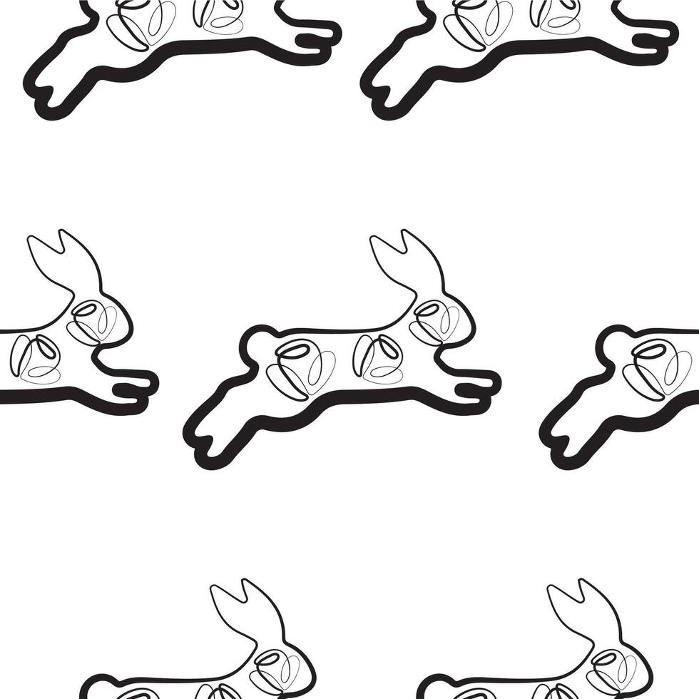 seamless pattern with simple icons of rabbit in the moment of jumping with rose buds in line art style, for logos or various holiday designs vector