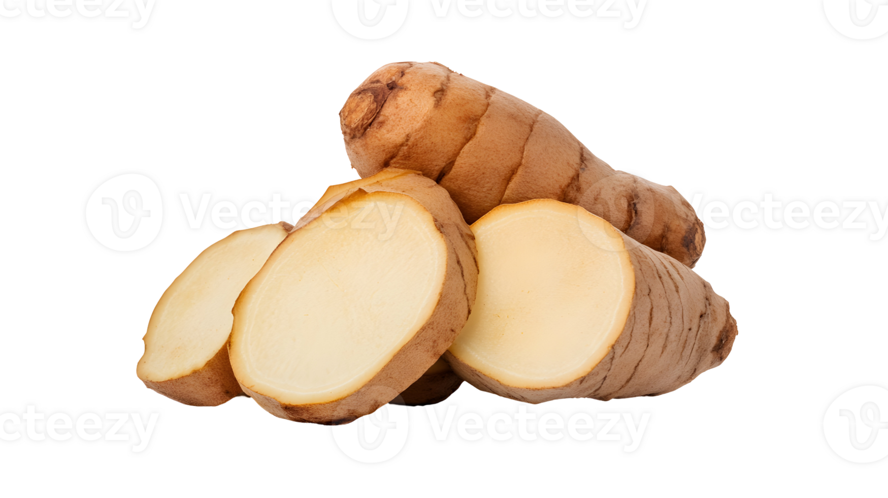 Fresh Galangal Rhizomes Displayed Closely with Natural Texture and Detailed Cut Slices png