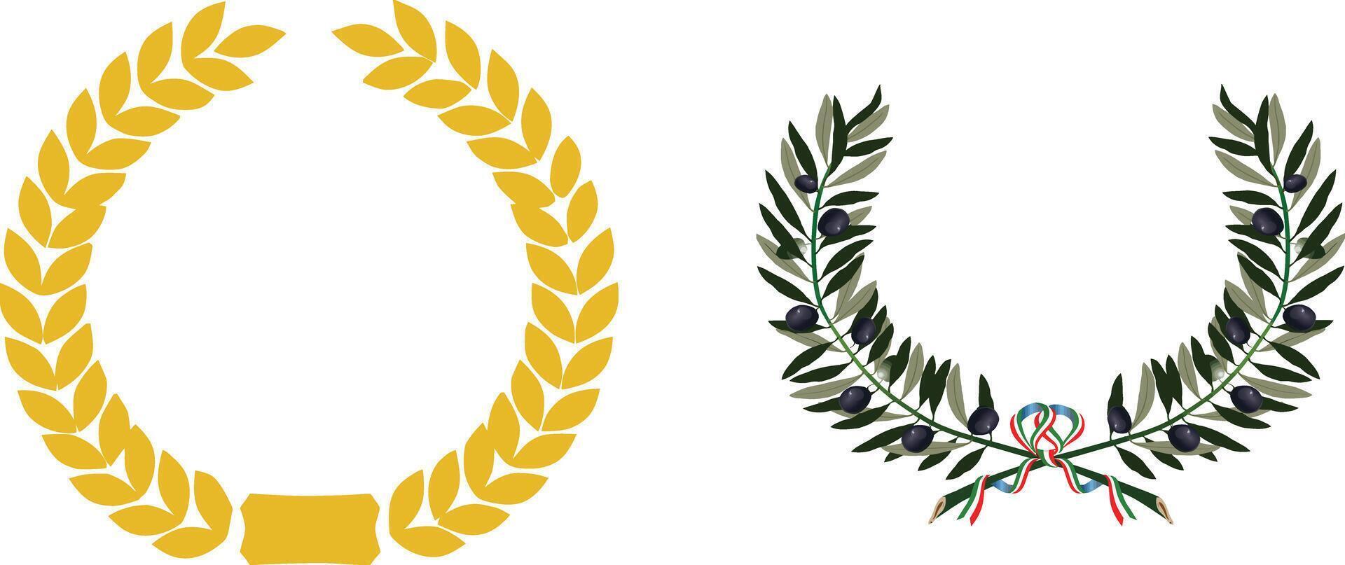 Golden laurel wreath and olive branch with italian flag ribbon forming a circle vector
