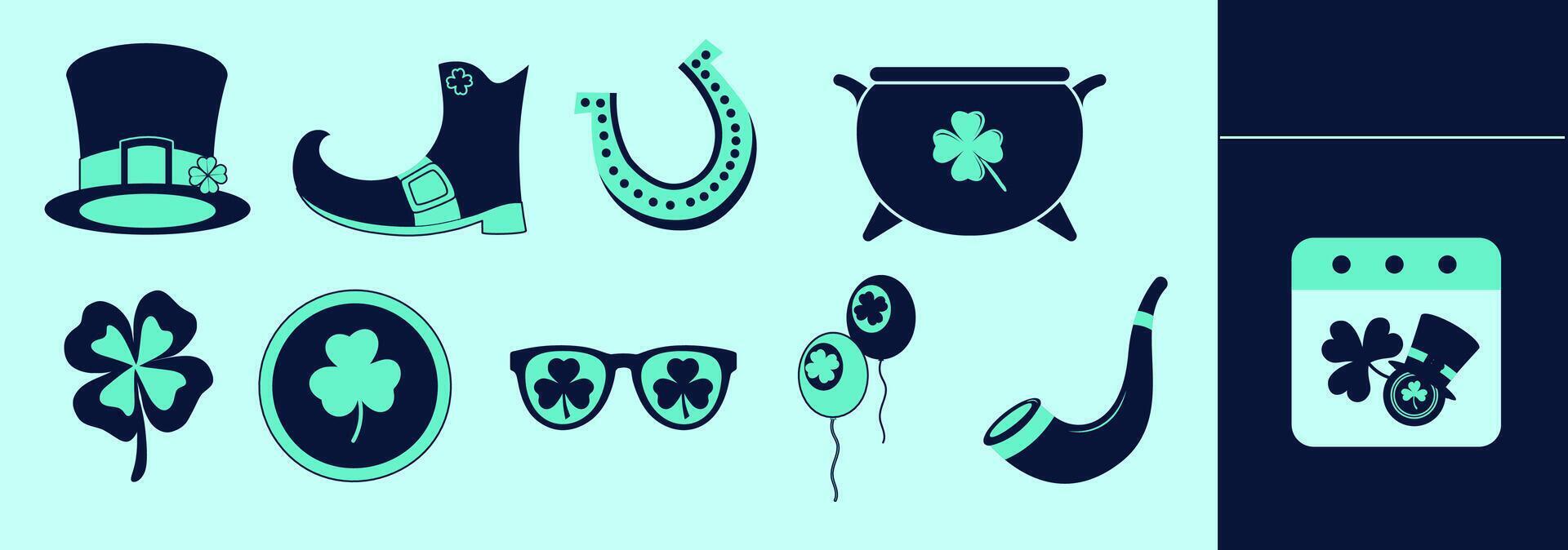 Saint Patrick themed icon set with leprechaun top hat, horseshoe, pot of gold, pipe, coin, glasses, shamrock, glasses, balloons and calendar. vector