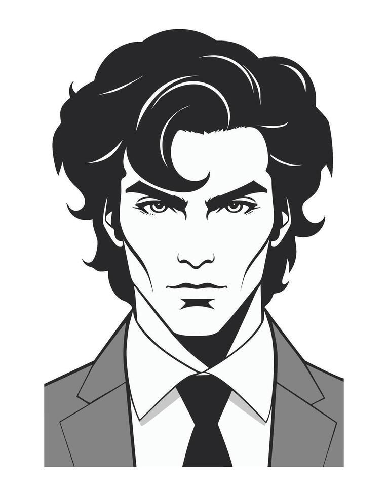 Man's haircut with feathered layers, voluminous and professionally ruffled in the style of the 1980s. vector