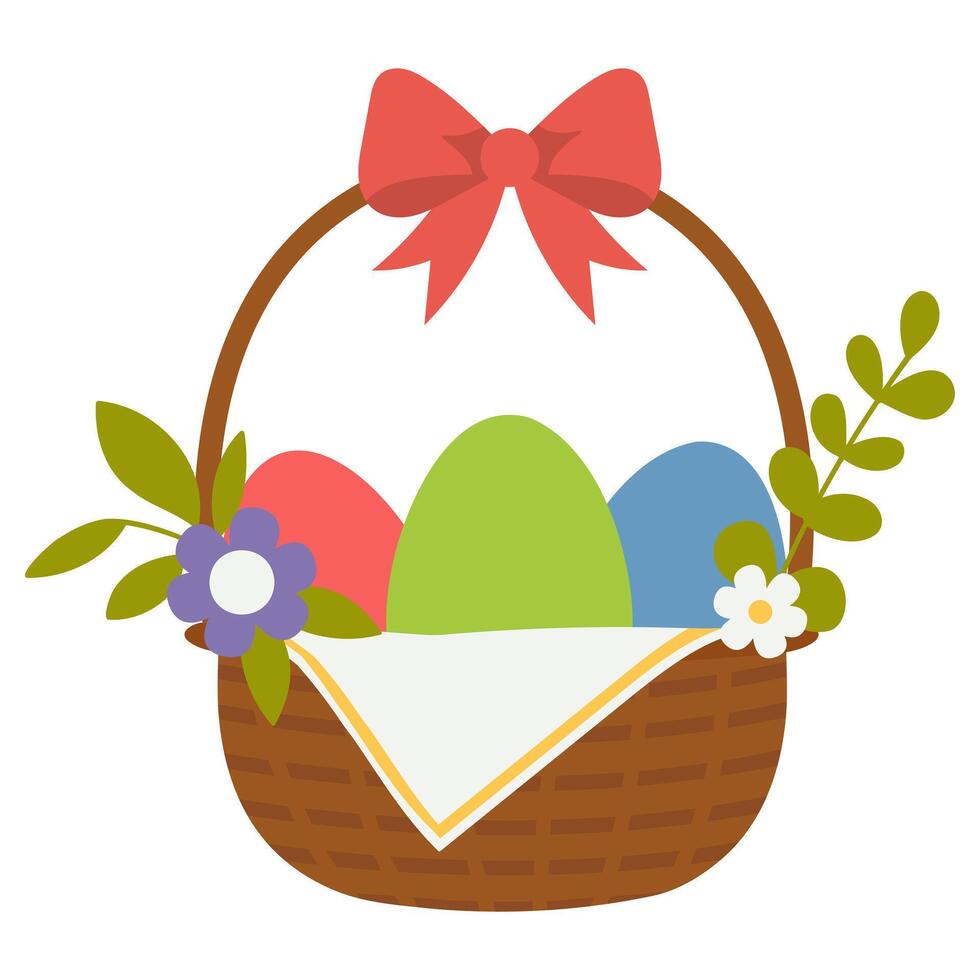 Wicker basket full of Easter painted eggs and spring flowers with red bow vector