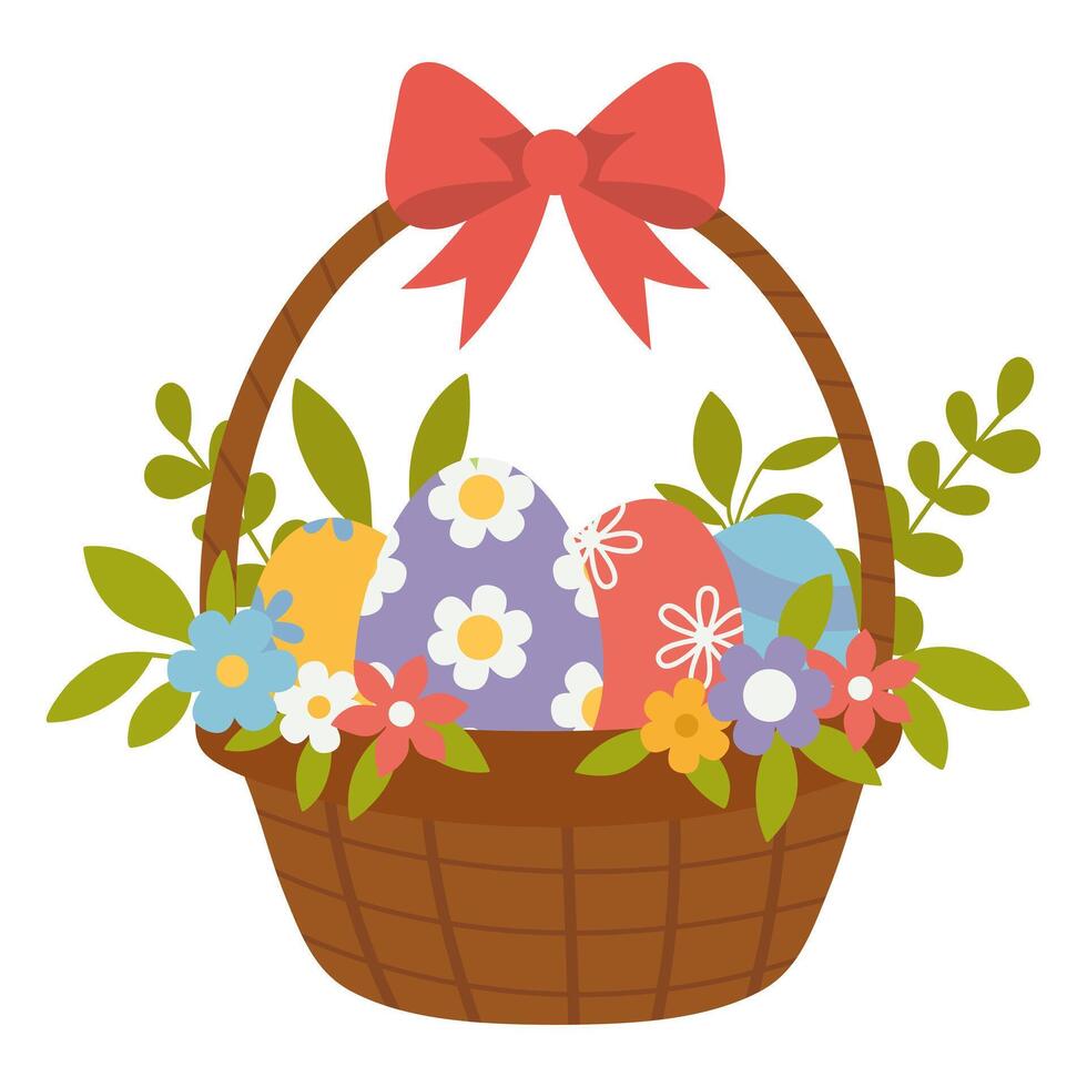 Straw Easter wicker basket with painted decorative eggs, flowers and gift red ribbon bow vector