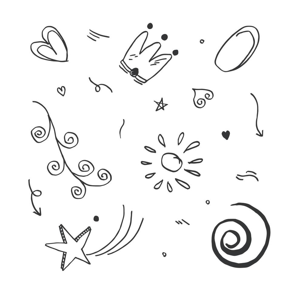 hand drawn set element,black on white background.heart,light,king,emphasis,swirl. vector