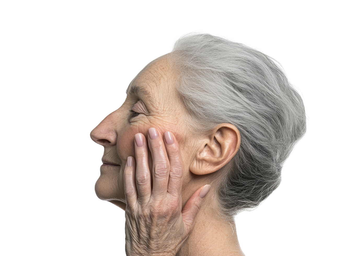 Beautiful senior woman body and face care with hand png