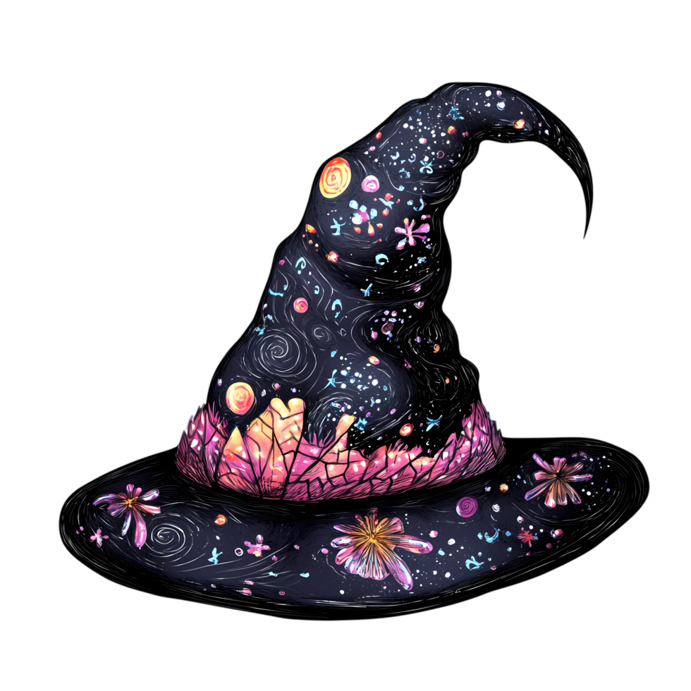 a witch hat with flowers and stars on it png