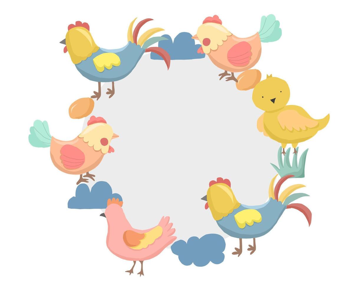 Cute Colorful Chicken Cartoon Illustration Wreath vector