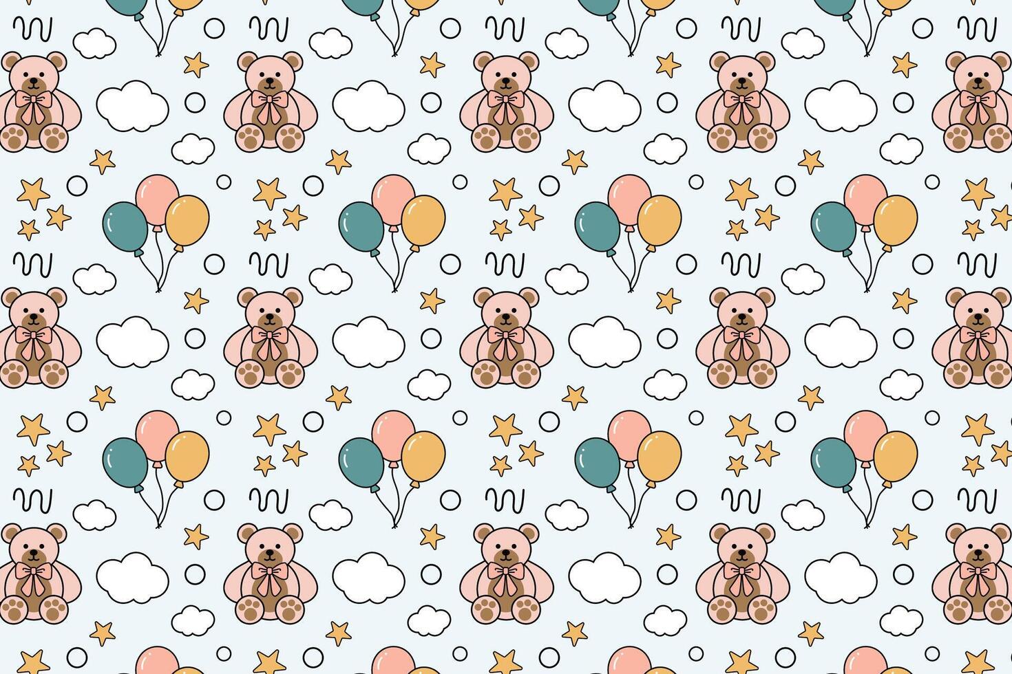 Teddy bear with balloons and stars and clouds cute design seamless repeat pattern vector