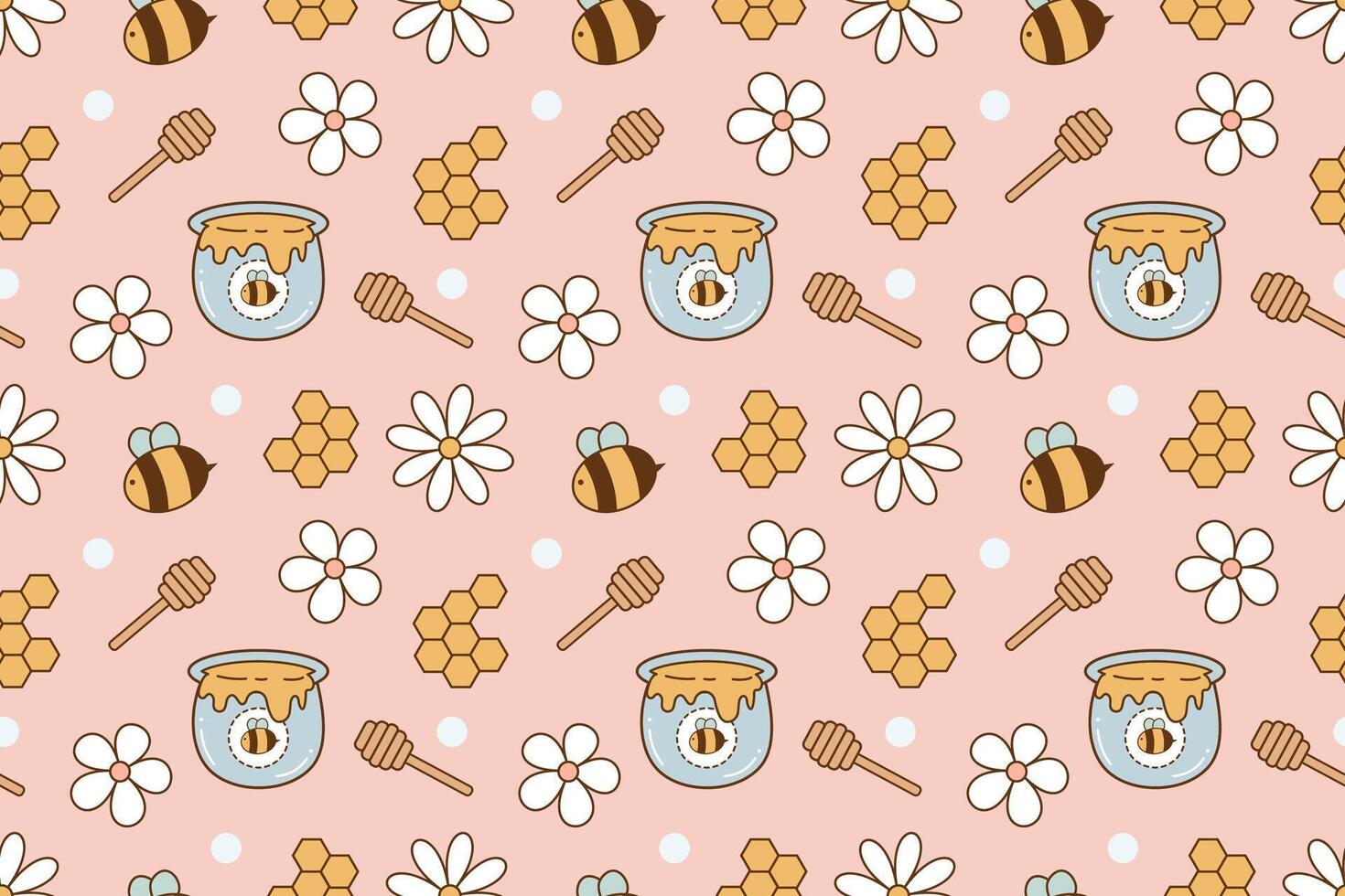 Honey jam with bees and flowers cute design seamless repeat pattern vector