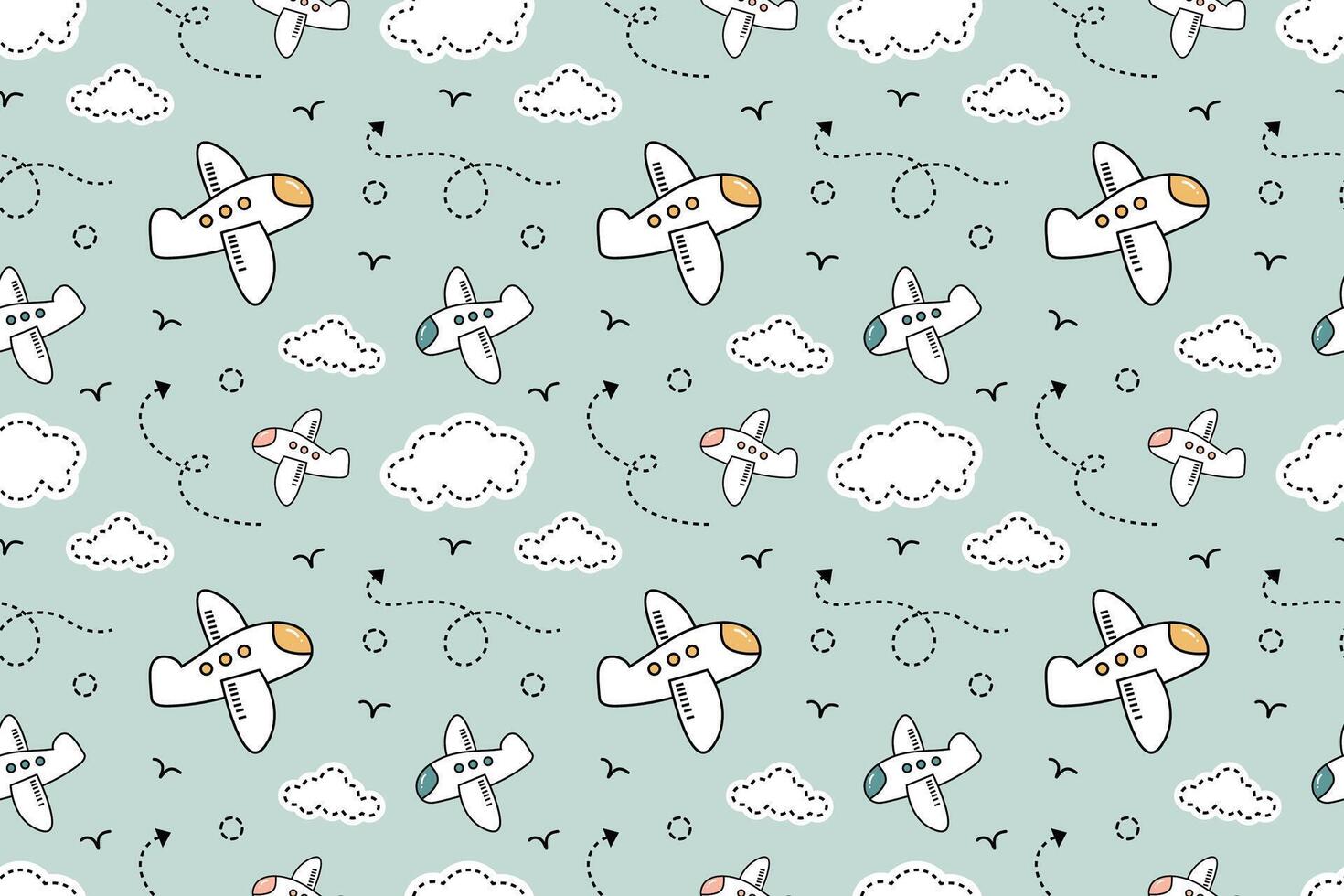 Cute airplane with clouds kiddy illustration abstract seamless repeat pattern vector
