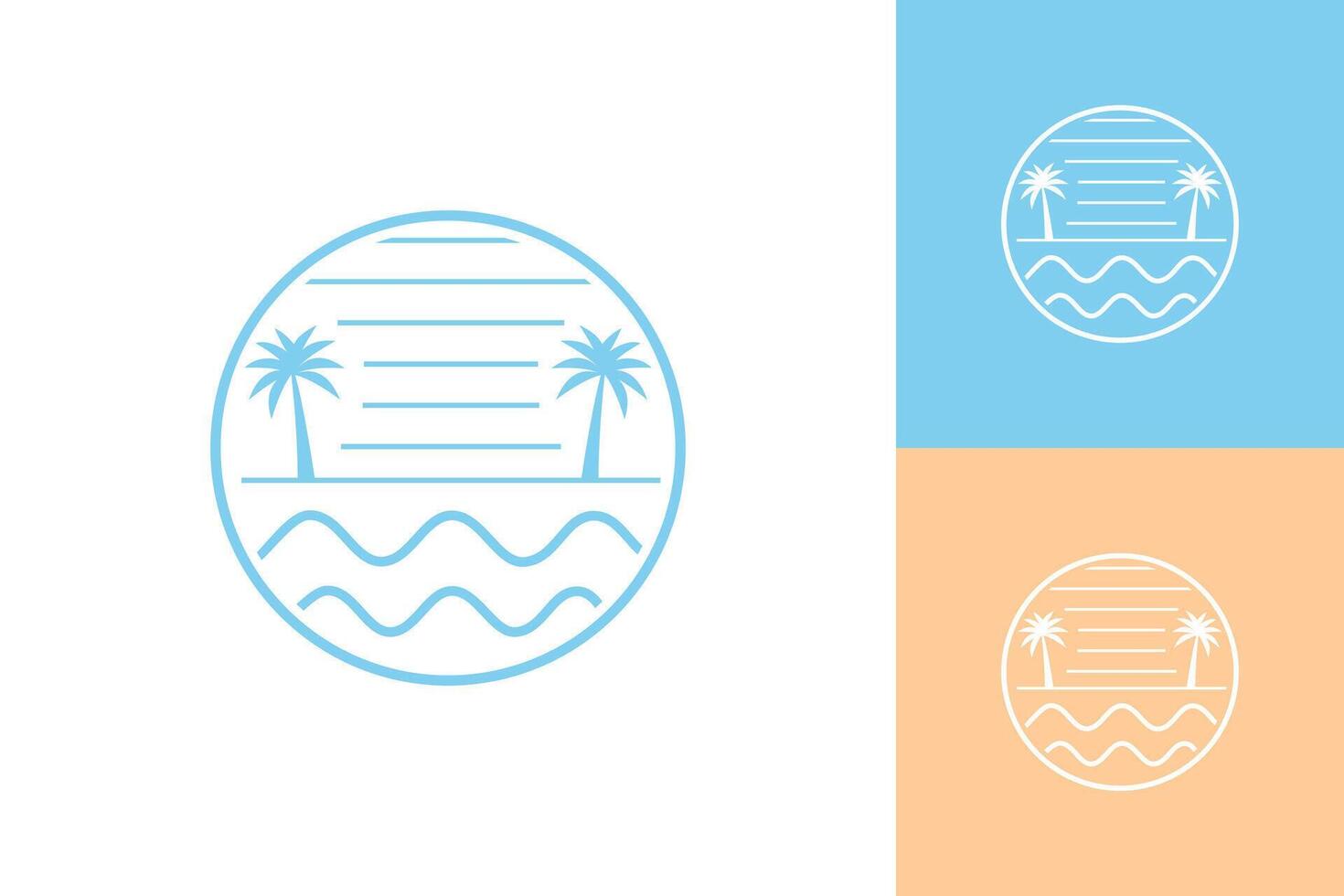 Beach in the circle thin line logo palm tree sea wave icon vector