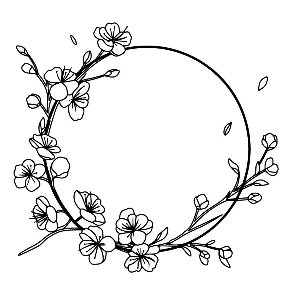Cherry flower blossom Frame Wreath, Ethereal Bloom. Spring almond, sakura, branch, hand draw doodle line art illustration. black ink art, isolated on white background. Realistic floral bloom sketch. vector