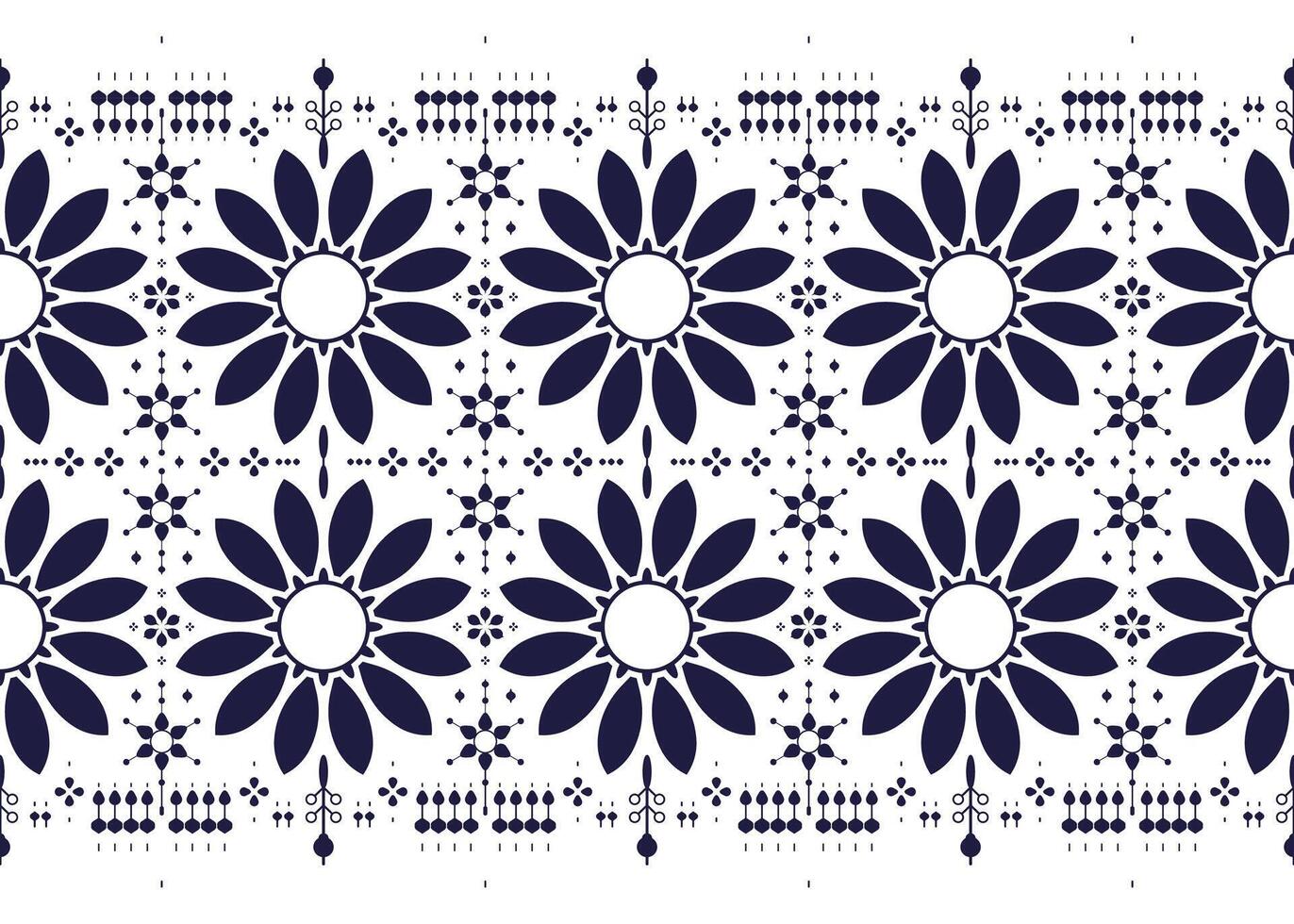 Floral symbols are placed in two rows in front of the board, blue and white color style, ethnic fabric seamless pattern, design for cloth vector