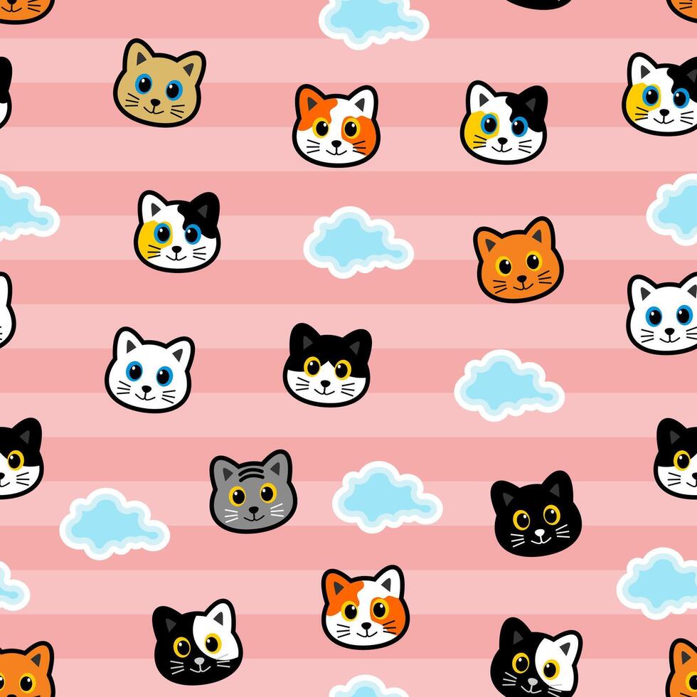 seamless pattern with cute cat head cartoon vector