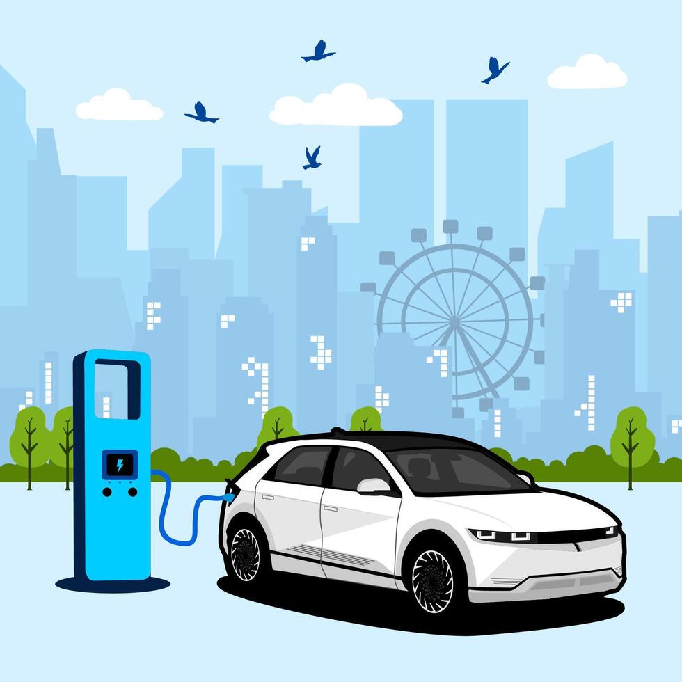electric suv car vehicle on charging station with tree and city view background vector