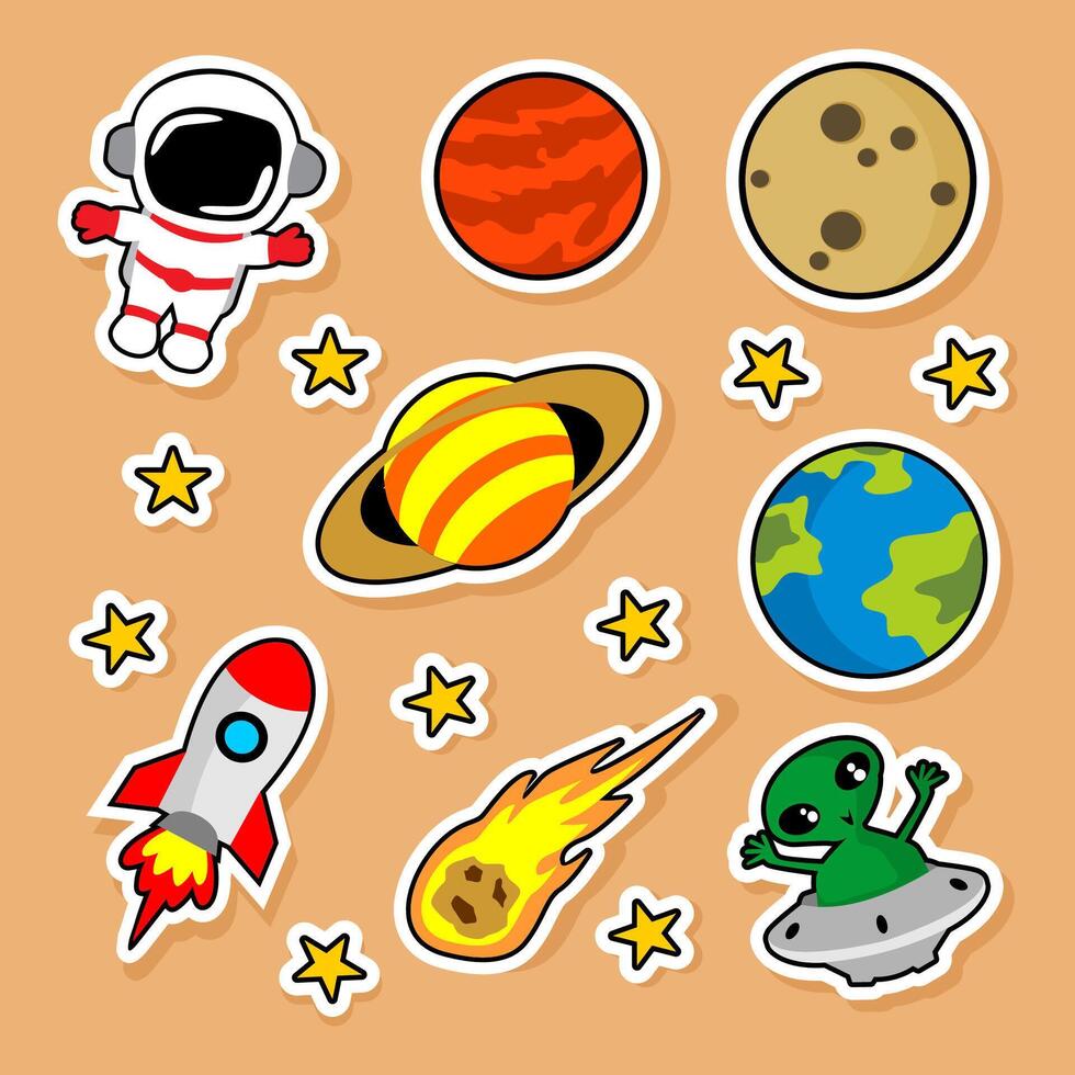 colorful hand drawn space planet theme stickers collection vector