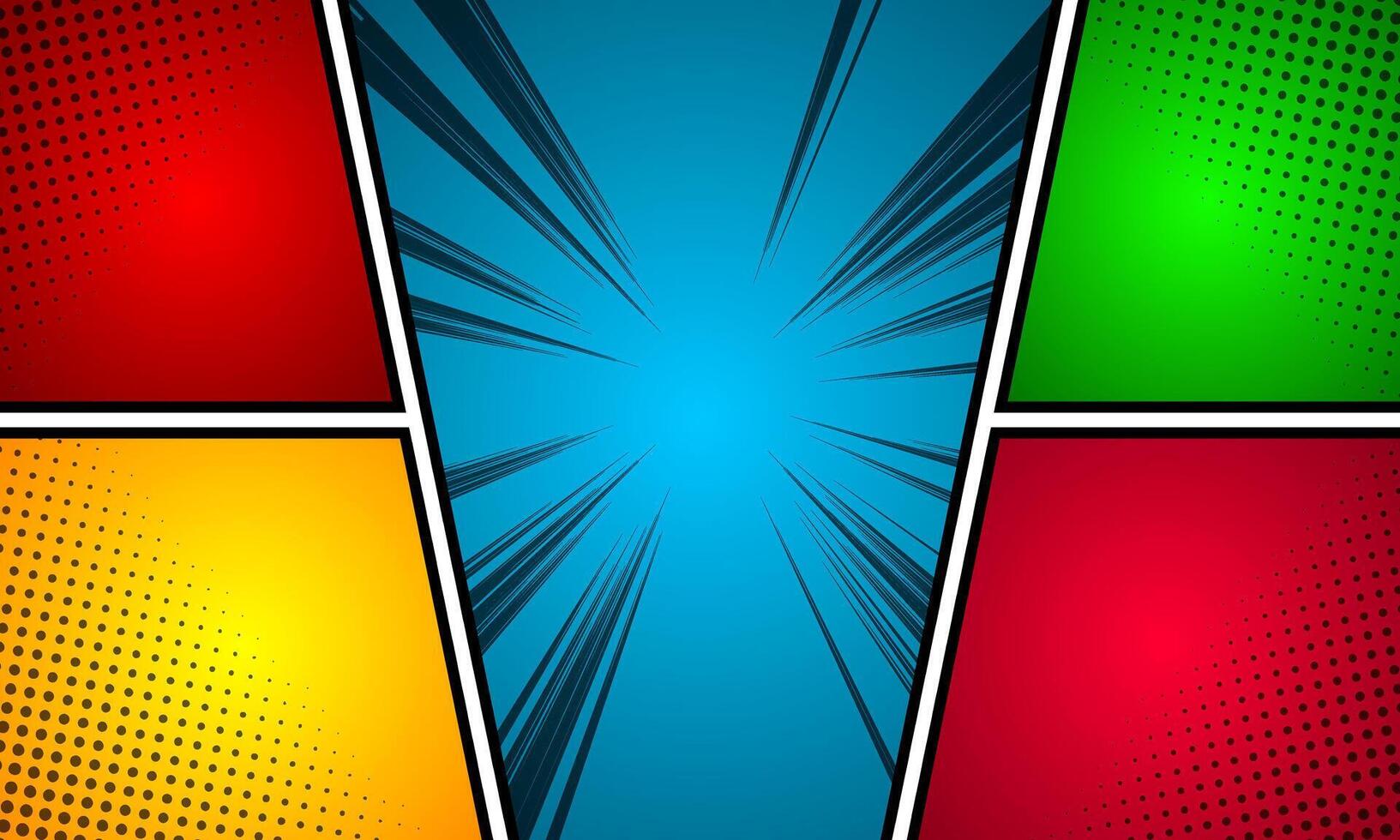 Comic page background with radial humor effect and halftone rays in various colors. vector