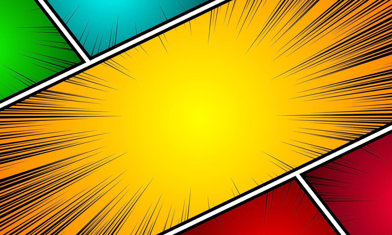 Comic book background in various colors with radial spiral effect, halftone. Pop-art style blank template vector