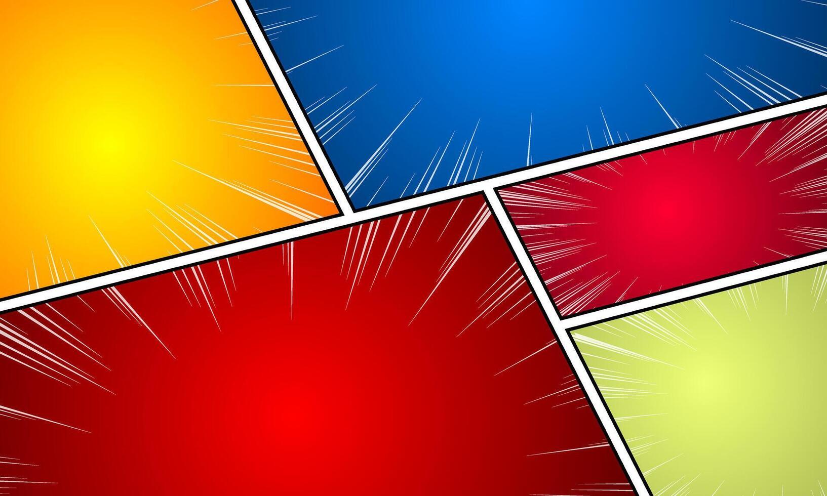 Comic book page template with colorful frames divided by lines with rays, radial, halftone effects, vector