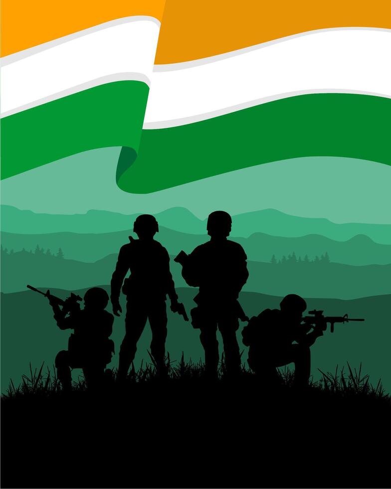 silhouette indian army day background with indian flag vector