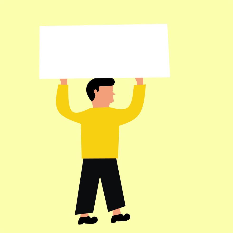 Flat illustration of a man holding a blank white sign. Ideal for customizable banners, advertisements, announcements, business promotions, and social media marketing vector