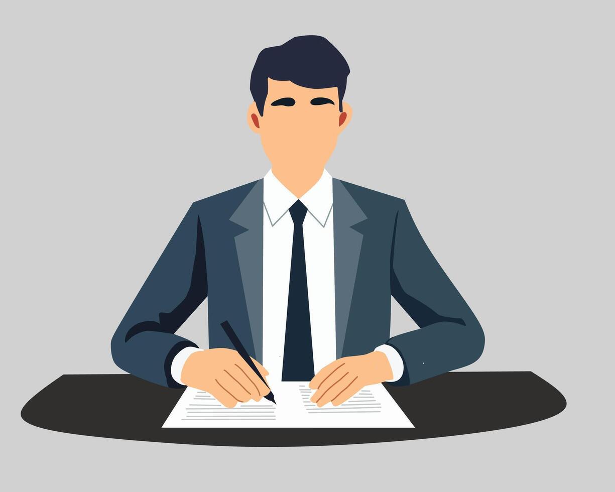 Businessman in a formal suit sitting at a desk and signing a document. Professional office worker, corporate employee, or manager working with paperwork. vector