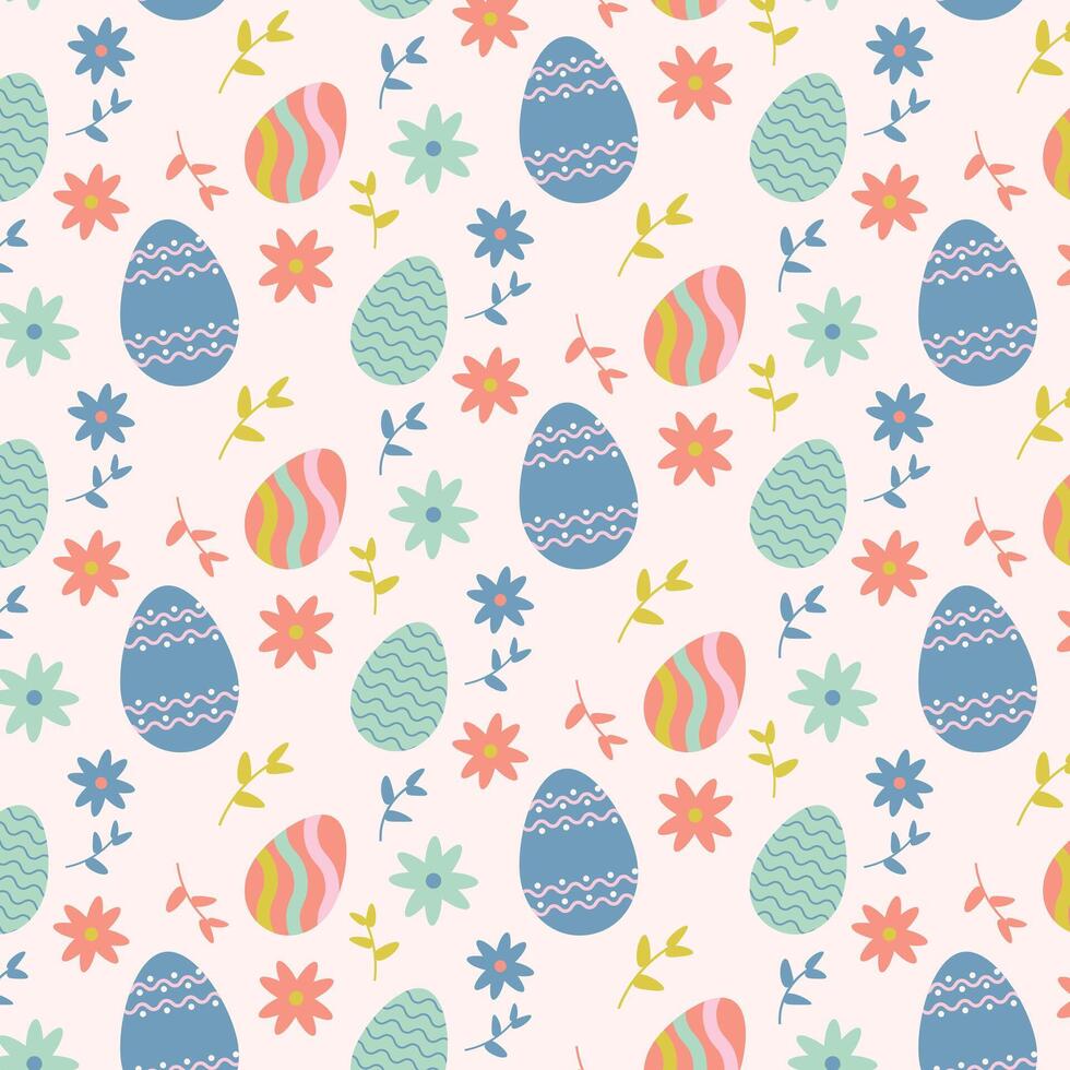 Easter eggs seamless pattern background with with colorful eggs, flowers, leaves. Spring holiday. Illustration. vector