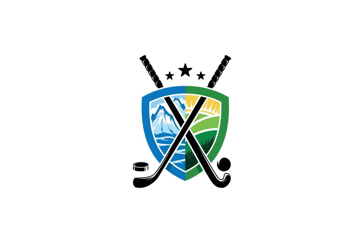 illustration of ice and grass field hockey sports emblem logo design in a shield vector