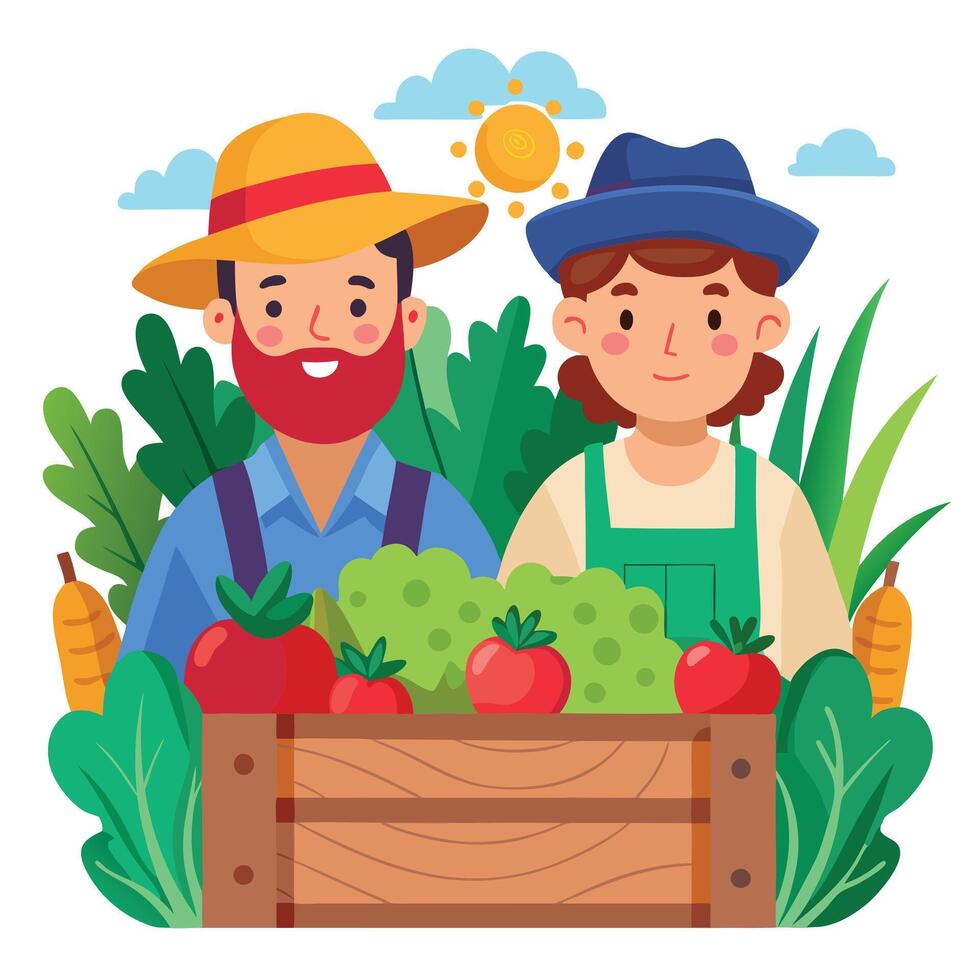 A Joyful Day at the Farm Two Farmers with a Bountiful Harvest of Fresh Vegetables and a Sunlit Sky vector