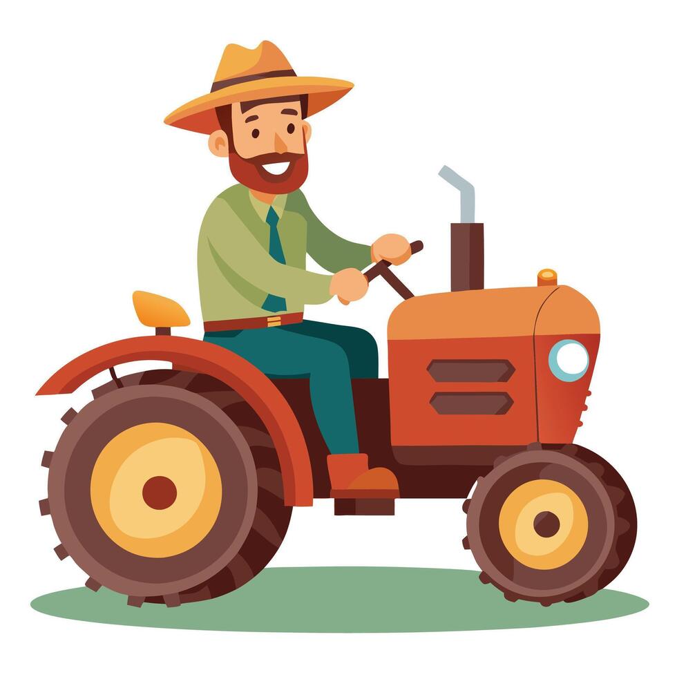 A Cheerful Farmer with a Beard and Mustache, Wearing a Straw Hat and Green Overalls, Driving a Red Tractor with Large Yellow Wheels, Surrounded by Greenery and a Blue Sky with Fluffy Clouds, Perfect vector