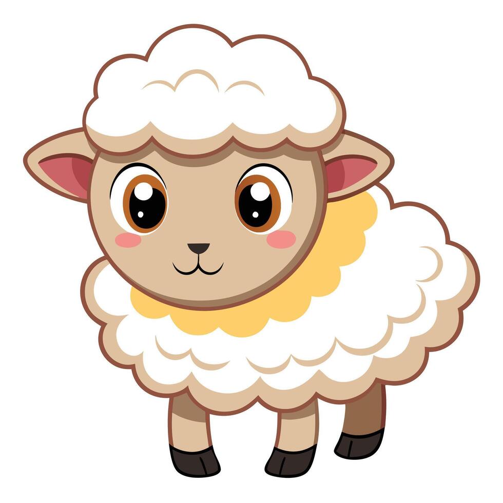 A Cheerful Cartoon Sheep with Stylized Wavy Wool, a Round Face, Big Wide Eyes, Pink Cheeks, and Dark Hooves, Standing Straight with a Friendly Smile Against a Simple White Background vector