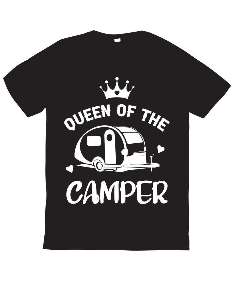 Black t-shirt design featuring Queen of the Camper graphic. vector