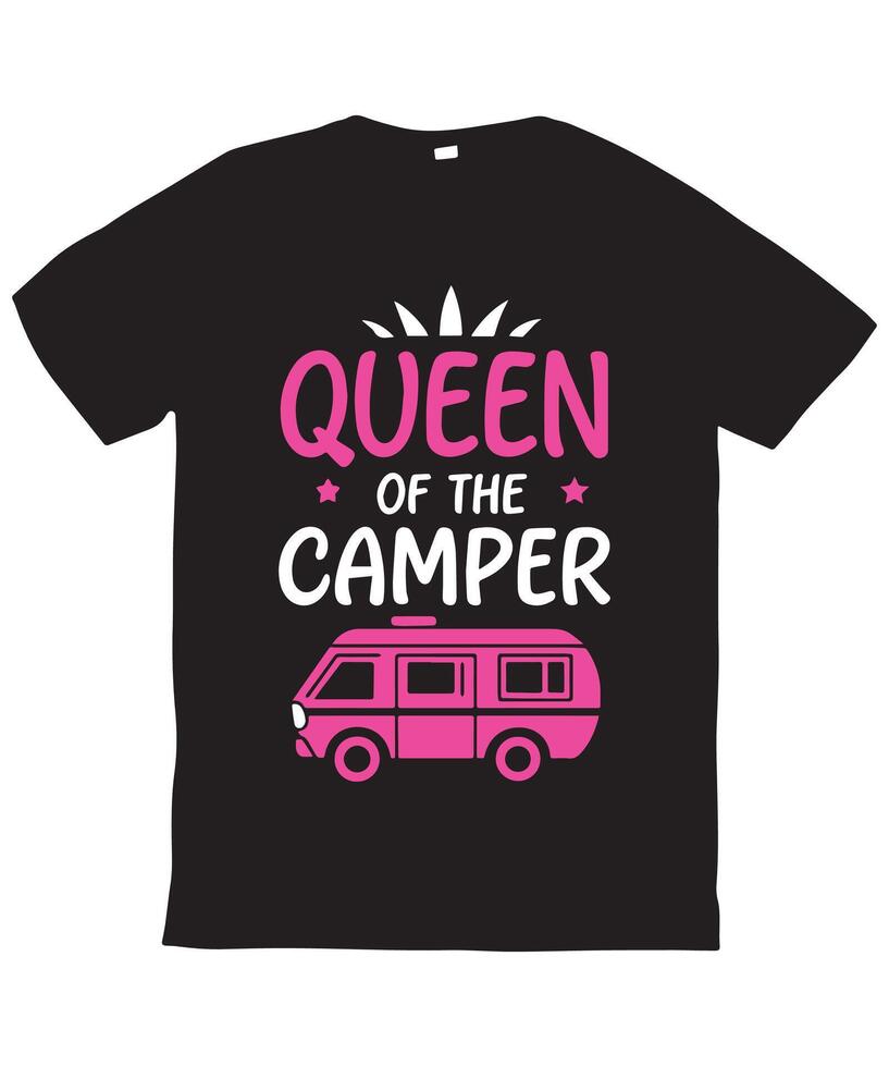 Black t-shirt graphic design featuring Queen of the Camper and a pink van. vector
