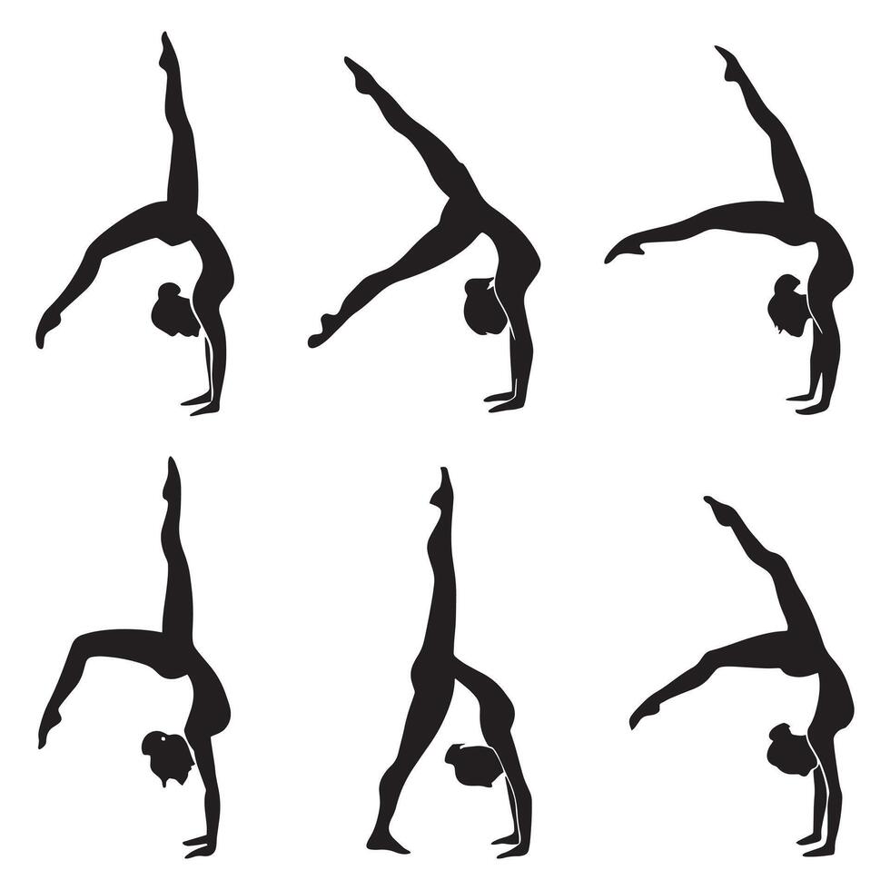Silhouettes of gymnasts doing various poses vector