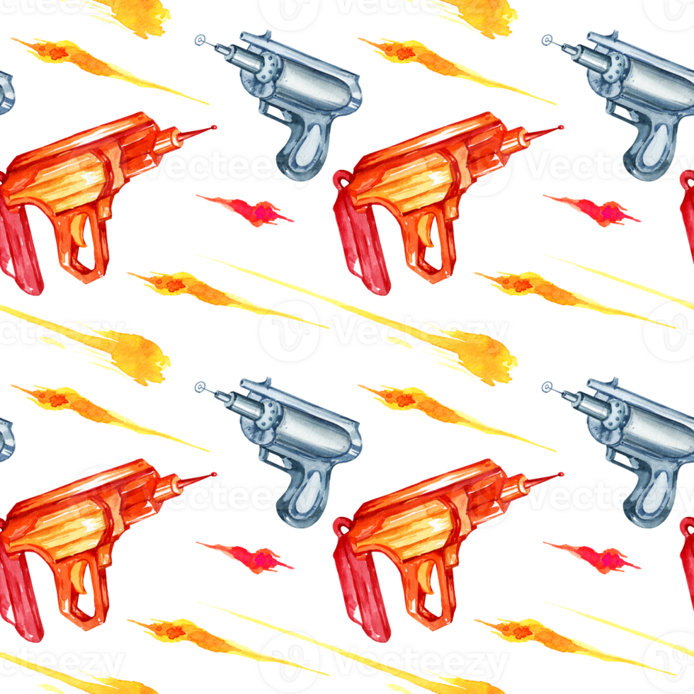 watercolor hand drawn seamless border with toy guns, fantastic weapons, space pistols, blasters, rays and fire, hand draw sketch, illustration for boys png