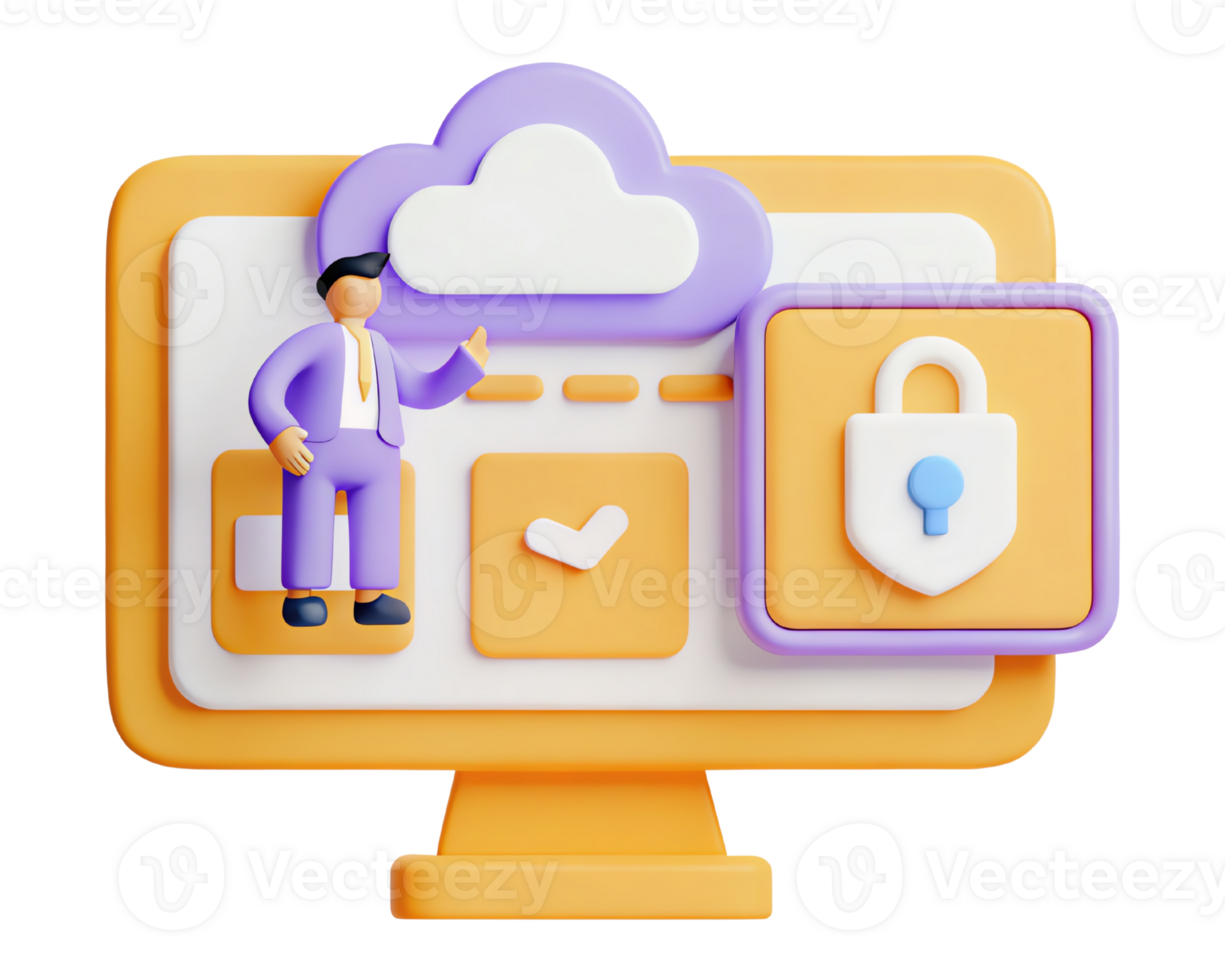 A 3D illustration of a cloud and security on a computer screen. png