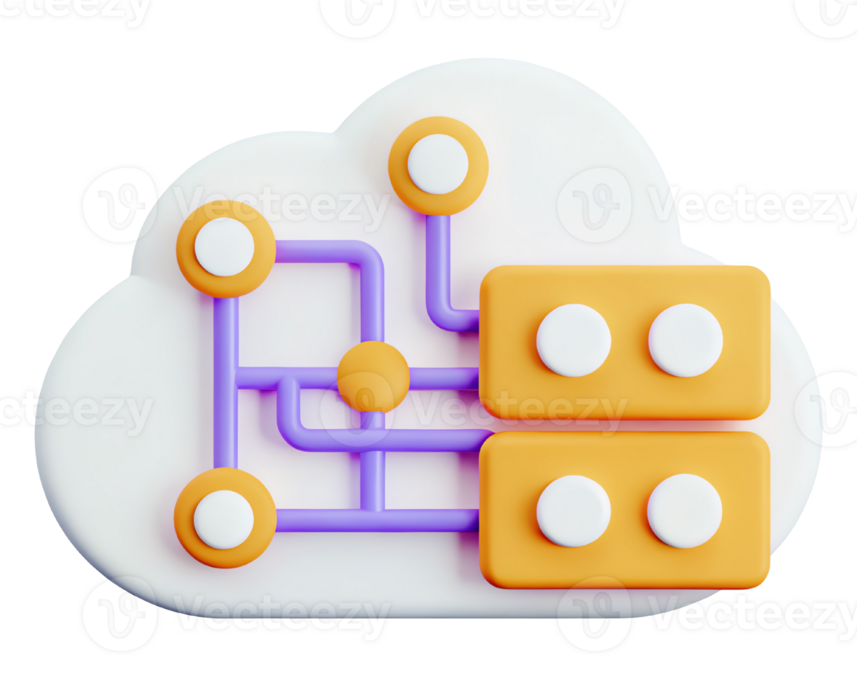 Cloud technology illustration with network connections and storage. png
