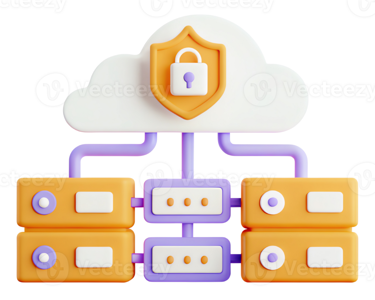 Colorful cloud computing illustration with data security elements. png