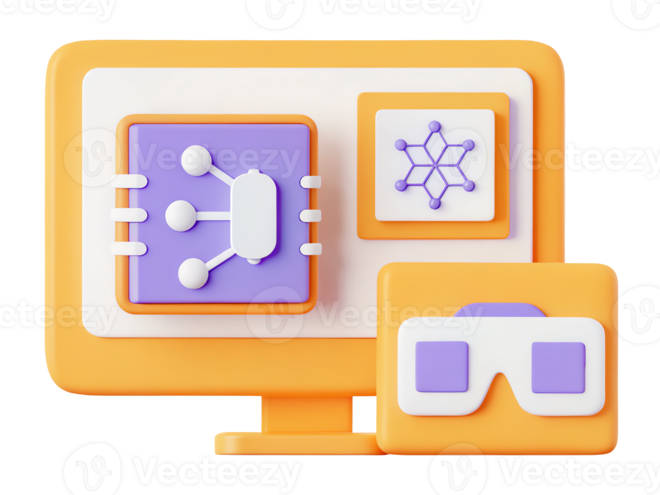 Colorful 3D illustration of computer with tech icons displayed. png